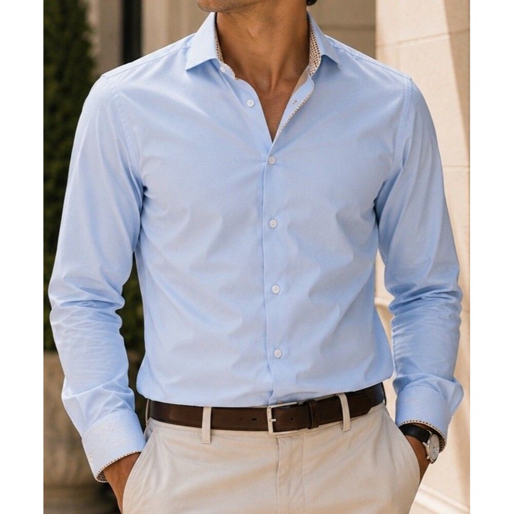 Report Collection Blue Texture Long Sleeve Button Up Shirt 34/35 16.5 Slim Fit